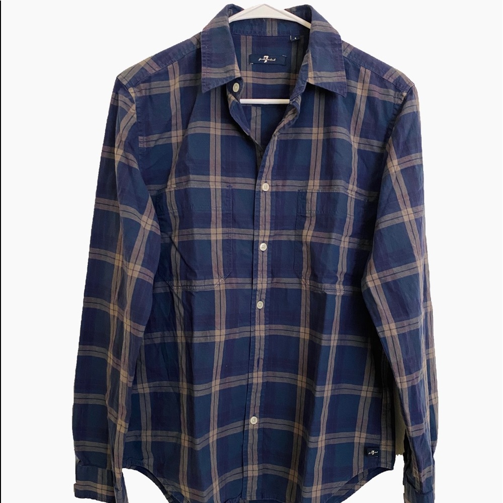 7 for all mankind blue plaid, double pocket casual shirt